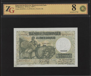 Бельгия. 50 франков (10 бельг). 1937 г. В холдере «ZG». Бельгия. 50 франков (10 бельг). 1937 г. В холдере «ZG».