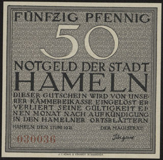 Германия. Хамельн. 50 пфеннигов. 1921 г. Германия. Хамельн. 50 пфеннигов. 1921 г.