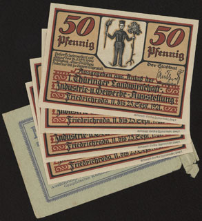 Германия. Фридрихрода. 50 пфеннигов. 1921 г. Лот из 4 нотгельдов и оригинального конверта. Германия. Фридрихрода. 50 пфеннигов. 1921 г. Лот из 4 нотгельдов и оригинального конверта.