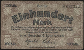 Германия. Кассель. 100 марок. 1922 г. Германия. Кассель. 100 марок. 1922 г.