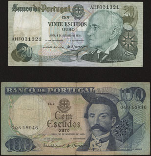 Португалия. 20 и 100 эскудо. 1965-1978 гг. Лот из 2 шт. Португалия. 20 и 100 эскудо. 1965-1978 гг. Лот из 2 шт.