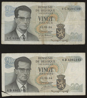 Бельгия. 20 франков. 1964 г. Лот из 2 шт. Бельгия. 20 франков. 1964 г. Лот из 2 шт.