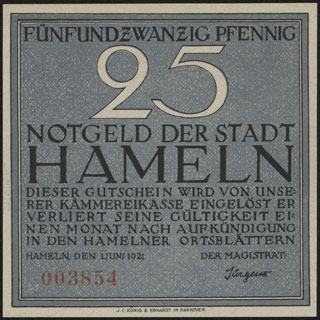Германия. Хамельн. 25 пфеннигов. 1921 г. Германия. Хамельн. 25 пфеннигов. 1921 г.