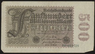 Германия. 500 миллионов марок. 1923 г. В/з «Kreuzbluten». Германия. 500 миллионов марок. 1923 г. В/з «Kreuzbluten».