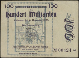 Германия. Эттлинген. 100 миллиардов марок. 1923 г. Германия. Эттлинген. 100 миллиардов марок. 1923 г.