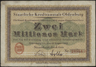 Германия. Ольденбург. 2 миллиона марок. 1923 г. Германия. Ольденбург. 2 миллиона марок. 1923 г.