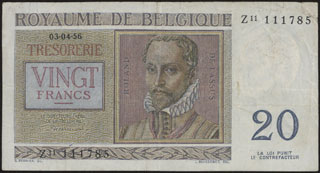 Бельгия. 20 франков. 1956 г. Бельгия. 20 франков. 1956 г.