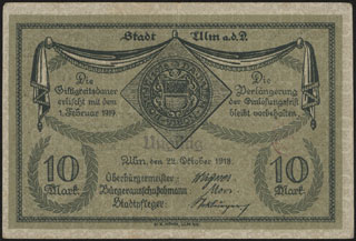 Германия. Ульм. 10 марок. 1918 г. Германия. Ульм. 10 марок. 1918 г.