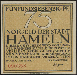 Германия. Хамельн. 75 пфеннигов. 1921 г. Германия. Хамельн. 75 пфеннигов. 1921 г.