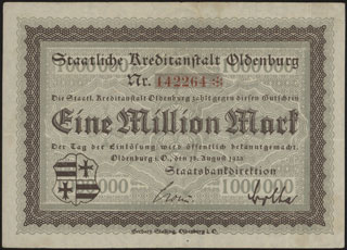 Германия. Ольденбург. 1 миллион марок. 1923 г. Германия. Ольденбург. 1 миллион марок. 1923 г.