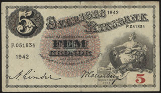 Швеция. 5 крон. 1942 г. Швеция. 5 крон. 1942 г.