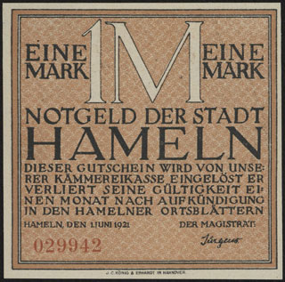 Германия. Хамельн. 1 марка. 1921 г. Германия. Хамельн. 1 марка. 1921 г.