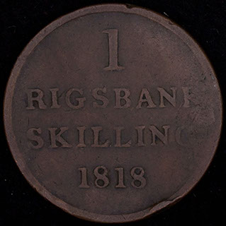 Дания. 1 ригсбанкскиллинг 1818 г. Медь Дания. 1 ригсбанкскиллинг 1818 г. Медь