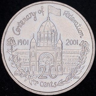 Австралия. 20 центов 2001 г. «100 лет Федерации». Медно-никелевый сплав Австралия. 20 центов 2001 г. «100 лет Федерации». Медно-никелевый сплав