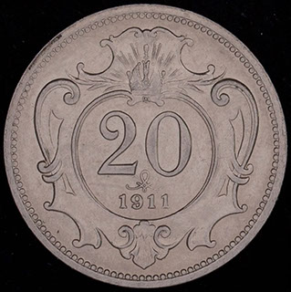 Австрия. 20 геллеров 1911 г. Никель Австрия. 20 геллеров 1911 г. Никель
