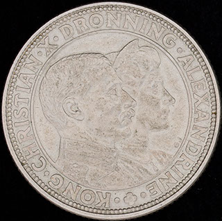 Дания. 2 кроны 1923 г. «Серебряная годовщина свадьбы Кристиана X». Серебро Дания. 2 кроны 1923 г. «Серебряная годовщина свадьбы Кристиана X». Серебро