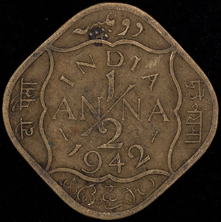 Британская Индия. 1/2 анна 1942 г. Никелевая латунь Британская Индия. 1/2 анна 1942 г. Никелевая латунь