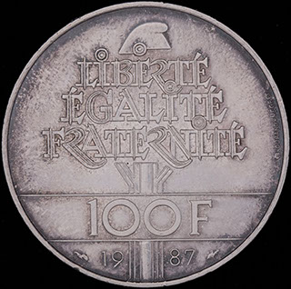 Франция. 100 франков 1987 г. «230 лет со дня рождения Жильбера Ла Файета». Серебро Франция. 100 франков 1987 г. «230 лет со дня рождения Жильбера Ла Файета». Серебро