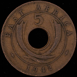 Британская Восточная Африка. 5 центов 1942 г. SA. Медь Британская Восточная Африка. 5 центов 1942 г. SA. Медь