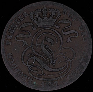 Бельгия. 5 сантимов 1837 г. Авторская метка с точкой. Медь Бельгия. 5 сантимов 1837 г. Авторская метка с точкой. Медь
