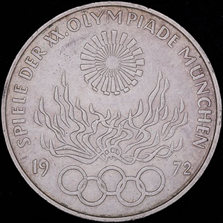Германия. 10 марок 1972 г. «XX летние Олимпийские Игры, Мюнхен 1972. Факел». D. Серебро Германия. 10 марок 1972 г. «XX летние Олимпийские Игры, Мюнхен 1972. Факел». D. Серебро