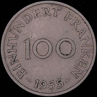 Саар. 100 франков 1955 г. Медно-никелевый сплав Саар. 100 франков 1955 г. Медно-никелевый сплав
