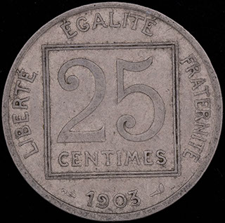 Франция. 25 сантимов 1903 г. Никель Франция. 25 сантимов 1903 г. Никель