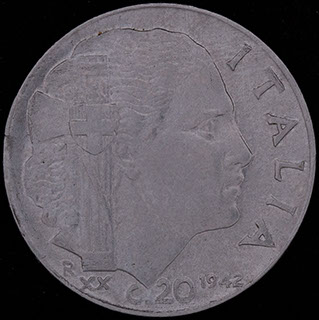 Италия. 20 чентезимо 1942 г. Рубчатый гурт. Нержавеющая сталь Италия. 20 чентезимо 1942 г. Рубчатый гурт. Нержавеющая сталь