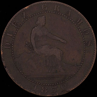 Испания. 10 сентимо 1870 г. Медь Испания. 10 сентимо 1870 г. Медь
