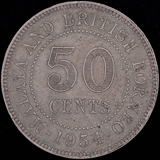 Малайя и Британское Борнео. 50 центов 1954 г. Медно-никелевый сплав Малайя и Британское Борнео. 50 центов 1954 г. Медно-никелевый сплав