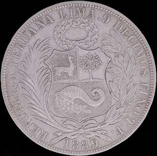 Перу. 1 соль 1889 г. Серебро Перу. 1 соль 1889 г. Серебро