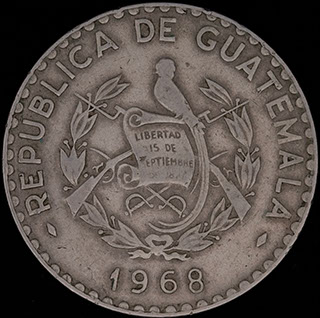 Гватемала. 25 сентаво 1968 г. Медно-никелевый сплав Гватемала. 25 сентаво 1968 г. Медно-никелевый сплав