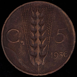 Италия. 5 чентезимо 1936 г. Медь Италия. 5 чентезимо 1936 г. Медь