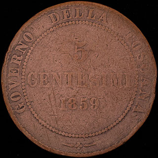 Тоскана. 5 чентезимо 1859 г. Медь Тоскана. 5 чентезимо 1859 г. Медь
