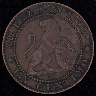 Испания. 1 сентимо 1870 г. Медь Испания. 1 сентимо 1870 г. Медь
