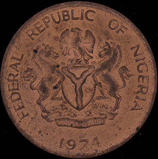 Нигерия. 1 кобо 1974 г. Медь Нигерия. 1 кобо 1974 г. Медь
