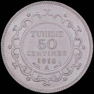 Тунис. 50 сантимов 1335 (1916) г. Серебро Тунис. 50 сантимов 1335 (1916) г. Серебро