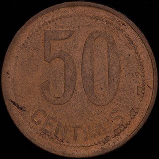 Испания. 50 сентимо 1937 г. Цифры «3» и «4» в звездах. Медь Испания. 50 сентимо 1937 г. Цифры «3» и «4» в звездах. Медь