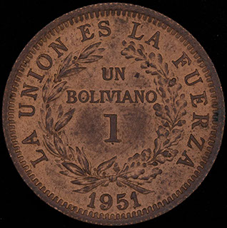 Боливия. 1 боливиано 1951 г. Медь Боливия. 1 боливиано 1951 г. Медь