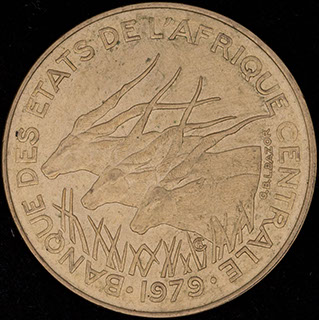 Центральная Африка. 10 франков 1979 г. Медно-алюминиево-никелевый сплав Центральная Африка. 10 франков 1979 г. Медно-алюминиево-никелевый сплав