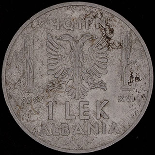 Албания. 1 лек 1939 г. Нержавеющая сталь (магнетик) Албания. 1 лек 1939 г. Нержавеющая сталь (магнетик)