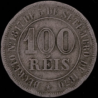 Бразилия. 100 рейсов 1883 г. Медно-никелевый сплав Бразилия. 100 рейсов 1883 г. Медно-никелевый сплав
