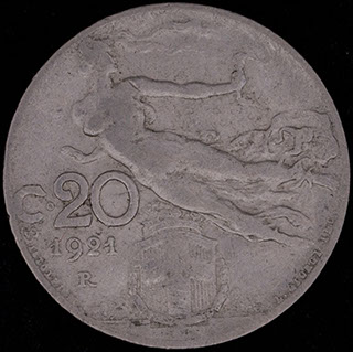 Италия. 20 чентезимо 1921 г. Никель Италия. 20 чентезимо 1921 г. Никель