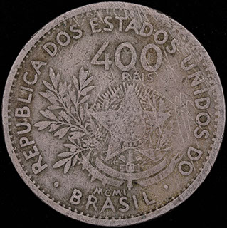 Бразилия. 400 рейсов 1901 г. Медно-никелевый сплав Бразилия. 400 рейсов 1901 г. Медно-никелевый сплав
