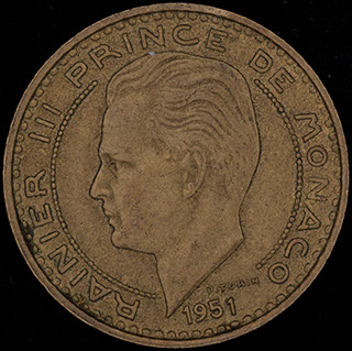 Монако. 20 франков 1951 г. Алюминиевая бронза Монако. 20 франков 1951 г. Алюминиевая бронза