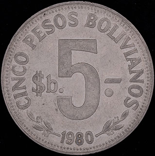 Боливия. 5 песо 1980 г. Сталь с никелевым покрытием Боливия. 5 песо 1980 г. Сталь с никелевым покрытием