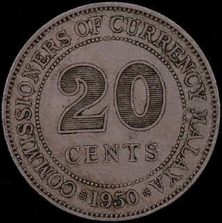 Малайя. 20 центов 1950 г. Медно-никелевый сплав Малайя. 20 центов 1950 г. Медно-никелевый сплав