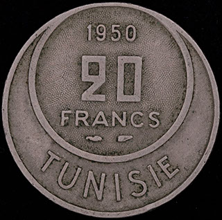 Тунис. 20 франков 1370 (1950) г. Медно-никелевый сплав Тунис. 20 франков 1370 (1950) г. Медно-никелевый сплав