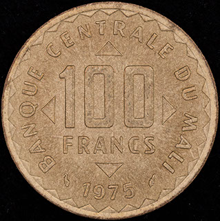 Мали. 100 франков 1975 г. Никелевая латунь Мали. 100 франков 1975 г. Никелевая латунь
