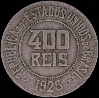 Бразилия. 400 рейсов 1925 г. Медно-никелевый сплав Бразилия. 400 рейсов 1925 г. Медно-никелевый сплав